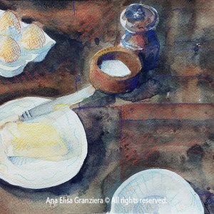 Mixed Media painting - Eggs and butter on wooden table
