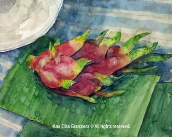 Watercolor painting - Dragonfruit on banana leaves