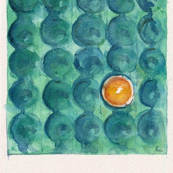 Petite peinture à l’aquarelle d’une boîte d’œufs avec un œuf fêlé