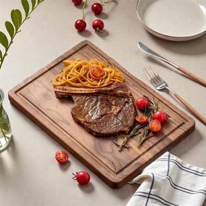 以下が含まれることがあります： 焼きステーキ、スパゲッティ、ミニトマトが乗った長方形の木製まな板。 まな板の縁には溝があります。 フォーク、ナイフ、白いお皿が横にあります。 新鮮なローズマリーの小枝とチェック柄のナプキンがシーンを完成させています。