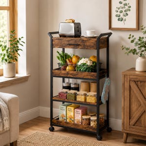 May include: A four-tier rolling kitchen trolley with a black metal frame and rustic brown wood-grain shelves. The top features a drawer, a stainless steel toaster, and a white mug. Lower shelves hold a wire basket of produce, jars of dry goods, and boxes.