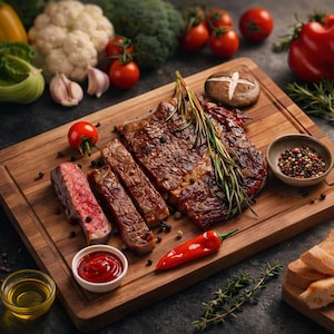 May include: A cooked steak, partially sliced, on a wooden cutting board. Garnished with rosemary, peppercorns, and a red chili pepper. Accompanied by small bowls of ketchup and oil, plus fresh vegetables.