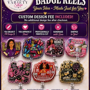 May include: A collection of seven custom badge reels featuring various graphic designs including butterflies, a chef theme, a Delta Sigma Theta sorority emblem, and cocktail imagery. Each badge reel has a glittery finish and a retractable cord mechanism.