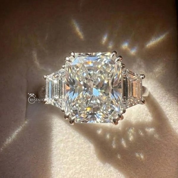 Radiant Cut Lab Grown Diamond Three Stone Engagement Ring, Tapered Baguette Ring, IGI Certified, Solitaire Bridal Ring Gift