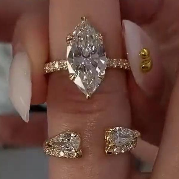Marquise Cut Moissanite Wedding Bridal Set, 925 Sterling Silver, Pear & Round Half Eternity Open Band, Solitaire Engagement Ring Set