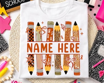 Personalized Pencil Awareness PNG, Custom Name Pencil Design, Awareness Ribbon PNG, Colorful Pencil Teacher Kids PNG, Custom School