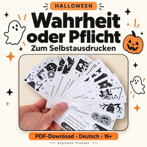 Könnte beinhalten: Ein Set aus weißen Papierstreifen mit schwarzem Text und Halloween-Symbolen wie Geistern, Kürbissen und Fledermäusen. Der Text lautet "HALLOWEEN Wahrheit oder Pflicht Zum Selbstausdrucken" sowie "PDF-Download • Deutsch • 16+ Digitales Produkt".