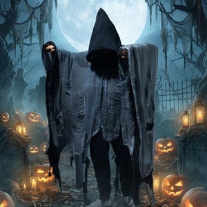 May include: A hooded cloak featuring a distressed, tattered grey fabric design with long, flowing sleeves. The garment is worn over dark pants and light-colored footwear, creating a layered appearance with frayed edges and a dark, pointed hood.