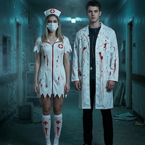 Peut inclure: Un costume d'infirmière blanc avec des croix rouges et des taches de sang, incluant une coiffe, une robe et des chaussettes hautes, avec une blouse blanche tachée de sang, un haut sombre, un pantalon noir et un stéthoscope.