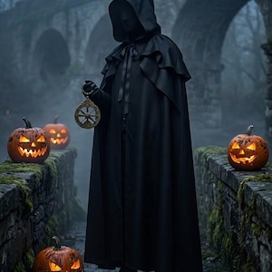 May include: A full-length black hooded cloak with a ruffled shoulder capelet and a front ribbon tie closure. The garment is worn with black gloves and boots, and the figure holds a circular metallic navigational instrument in one hand.