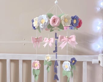 Personalized Floral Baby Name Mobile, Pink Bow Nursery Decor, Felt Bloom Crib Mobile