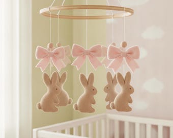 Felt Bunny Baby Mobile with Bows, Woodland Nursery Decor, Baby Shower Gift