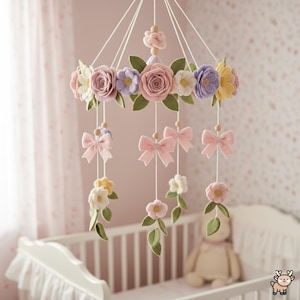 Può includere: Una giostrina sospesa con fiori in feltro nelle tonalità rosa, lavanda, giallo e bianco, accentuati da foglie in feltro verde. La giostrina include fili pendenti decorati con piccole perline di legno e fiocchi in feltro rosa pallido, sospesi da un anello.
