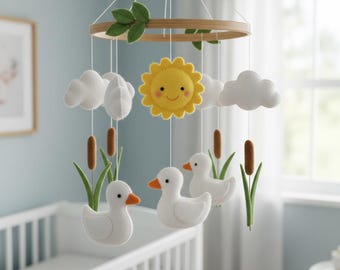 Duck Baby Mobile, Nature Theme Baby Gift, Handmade Mallard Duckling Crib Mobile