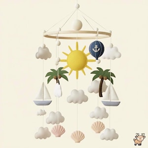 Beach Baby Mobile: Handmade Felt Balloon, Sun, Boats, Seashells, Coconut Trees, Clouds