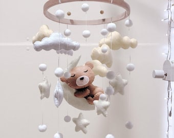 Bear Baby Mobile, Moon Star Baby Mobile, Bear Nursery Decor, Wooden Cot Mobile, Crib Mobile, Bear Themed Nursery Decor, Baby Shower Gift