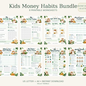 以下が含まれることがあります： Kids Money Habits Bundleというタイトルの8枚の印刷可能なワークシートのデジタルセット。小さな茶色の鳥のイラストが描かれています。各ページには貯蓄、目標、支出習慣を記録するセクションがあり、英語のテキストとA4サイズで構成されています。
