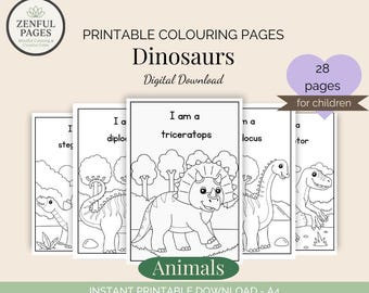Op de afbeelding: Een stapel afdrukbare dinosaurus kleurplaten met de tekst "Dinosaurs" en "I am a triceratops". De pagina's zijn gelabeld met "Animals" en zijn ontworpen voor kinderen. De afbeelding bevat ook de tekst "Instant Printable Download - A4".