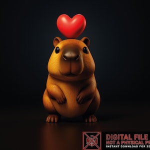 May include: A digitally rendered, cartoon-style capybara with a red heart floating above its head. The capybara is brown with a dark nose and eyes. The background is a dark gradient. The image includes the text: DIGITAL FILE ONLY, NOT A PHYSICAL PRODUCT, INSTANT DOWNLOAD FOR 3D PRINTING.