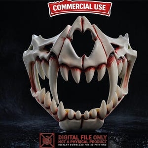 May include: A 3D-printed, open-mouthed skull mask with large, sharp teeth. The mask is primarily off-white with red accents, suggesting blood or gore. The image includes text indicating it is a digital file for 3D printing and for commercial use.