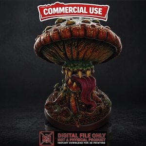 May include: A digital 3D model of a monstrous mushroom with a large, open mouth and a long, red tongue. The mushroom cap is brown and textured, with green spots. The base is dark brown, and the image includes the text "COMMERCIAL USE" and "DIGITAL FILE ONLY".