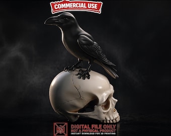 Raven on Skull STL 3MF File, Gothic Crow 3D Print Model, Dark Decor Statue Digital Download, Commercial Use