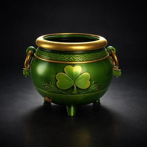 May include: A green cauldron with a gold rim and handles, featuring a shamrock design. The cauldron has three small feet and decorative Celtic knotwork. A festive item for St. Patrick's Day.