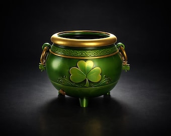 Puede incluir: Un caldero verde con borde y asas doradas, con un diseño de trébol. El caldero tiene tres patas pequeñas y un diseño de nudos celtas decorativos. Un artículo festivo para el Día de San Patricio.