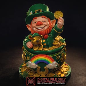 May include: A whimsical St. Patrick's Day figurine of a smiling leprechaun in a green hat and jacket, holding a gold coin. The leprechaun sits atop a pot of gold, with a rainbow and a golden dog. The base is adorned with gold coins and a horseshoe.