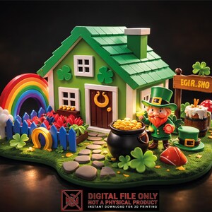 Puede incluir: Una escena caprichosa del Día de San Patricio con una casa verde con detalles de tréboles, un arcoíris y un duende sosteniendo una moneda de oro. Una olla de oro está cerca del duende. Un letrero dice "EGIR.SHO".