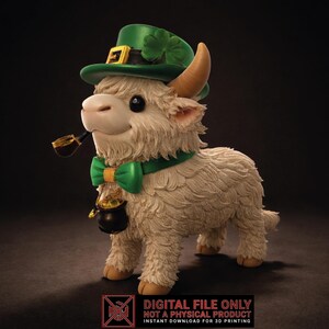 May include: A whimsical figurine of a white goat wearing a green leprechaun hat with a shamrock, a green bow tie, and a green collar. The goat holds a smoking pipe and a small pot of gold. The image includes the text "DIGITAL FILE ONLY".