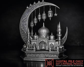 Ramadan Crescent Moon Mosque STL | Islamic Decor 3D Print File | Eid Lantern Sculpture STL OBJ | Muslim Home Decor Download