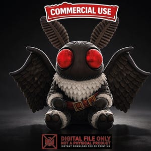 May include: A plush, cartoon-like creature with large red eyes, black wings, and a white fur collar. It has a red belt with a gold buckle. The image includes the text "COMMERCIAL USE" and "DIGITAL FILE ONLY NOT A PHYSICAL PRODUCT".