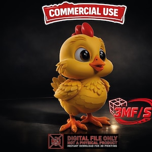 May include: A 3D-rendered yellow chick with a red comb and orange beak and feet. The chick has large, expressive eyes. Text on the image reads "COMMERCIAL USE" and "DIGITAL FILE ONLY NOT A PHYSICAL PRODUCT INSTANT DOWNLOAD FOR 3D PRINTING 3MF/STL".