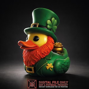 May include: A whimsical, green leprechaun duck figurine with a yellow head and orange beak. The duck wears a green hat, jacket, and has an orange beard. A pot of gold sits on its back. The image includes the text "DIGITAL FILE ONLY".