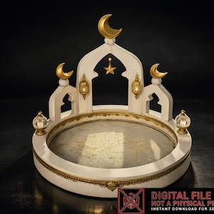 May include: A white and gold decorative tray with a crescent moon and star design. The tray has a round base with a gold trim and a white top with a gold and marble pattern. The top has a decorative arch with gold crescent moons and a hanging star.