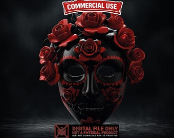 Day of the Dead Mask STL 3MF File Single Color 3D Print Sugar Skull Wall Decor Digital Download Commercial Use