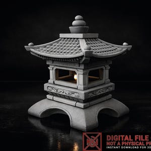 May include: A gray, stone-like Japanese garden lantern with a pagoda-style roof and decorative carvings. The lantern has a light inside, and the image includes the text "DIGITAL FILE ONLY NOT A PHYSICAL PRODUCT INSTANT DOWNLOAD FOR 3D PRINTING".