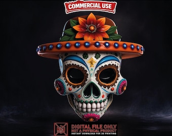 Day of the Dead Sugar Skull STL 3MF File, Sombrero Skull 3D Print, Dia de los Muertos Decor, Digital Download, Commercial Use