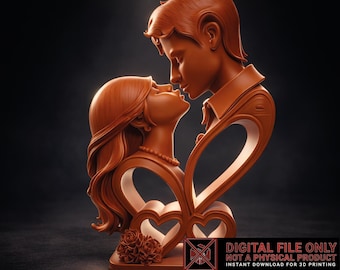 May include: A brown sculpture of a couple in an embrace, with their faces close together. The sculpture features a heart-shaped design and a rose at the base. The text "DIGITAL FILE ONLY NOT A PHYSICAL PRODUCT" is visible.