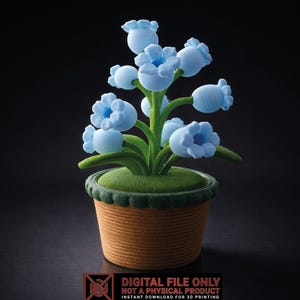 May include: A light blue flower arrangement in a woven brown pot. The flowers have a bell-like shape with a darker blue center. The pot sits on a dark surface. The text at the bottom reads "DIGITAL FILE ONLY NOT A PHYSICAL PRODUCT INSTANT DOWNLOAD FOR 3D PRINTING".