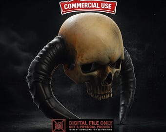 Day of the Dead Skull Horns STL 3MF File Single Color, Gothic Skull 3D Print, Commercial Use