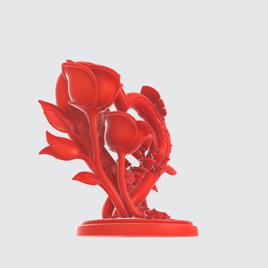 May include: A vibrant red sculpture of roses and leaves. The floral arrangement features multiple rose buds and open blooms, with detailed leaves and stems. The sculpture is mounted on a circular base, creating a striking decorative piece.