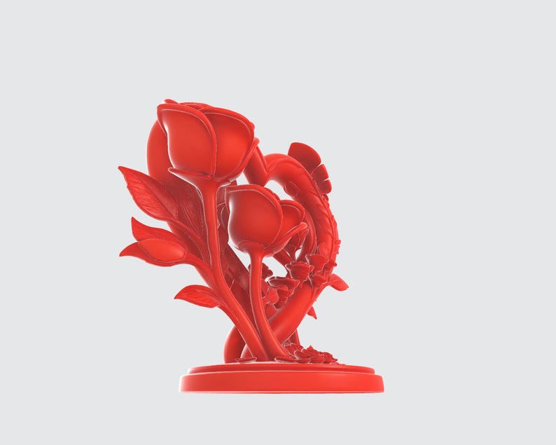 May include: A vibrant red sculpture of roses and leaves. The floral arrangement features multiple rose buds and open blooms, with detailed leaves and stems. The sculpture is mounted on a circular base, creating a striking decorative piece.