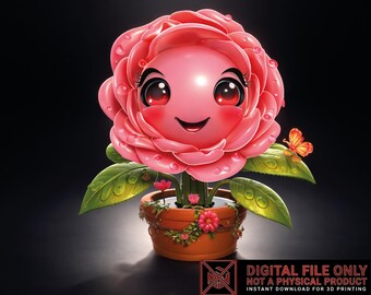 Cute Valentine Rose STL OBJ | Kawaii Flower Planter 3D Print File | Romantic Gift Decor | Digital Download