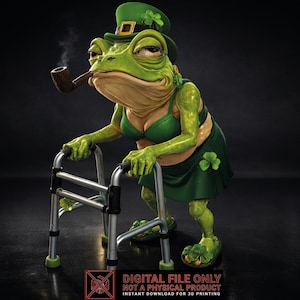 Puede incluir: Un personaje caprichoso de rana verde con sombrero y vestido de San Patricio, fumando en pipa y usando un andador. La rana tiene una expresión relajada. La imagen incluye el texto "DIGITAL FILE ONLY NOT A PHYSICAL PRODUCT INSTANT DOWNLOAD FOR 3D PRINTING."
