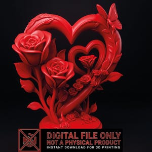May include: A vibrant red heart-shaped sculpture featuring roses and a butterfly. The design includes a large heart frame with a smaller heart inside, surrounded by detailed rose blooms and leaves. The sculpture is a digital file for 3D printing.