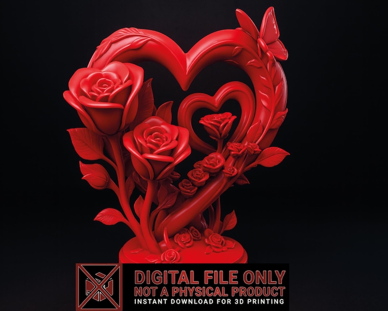 May include: A vibrant red heart-shaped sculpture featuring roses and a butterfly. The design includes a large heart frame with a smaller heart inside, surrounded by detailed rose blooms and leaves. The sculpture is a digital file for 3D printing.