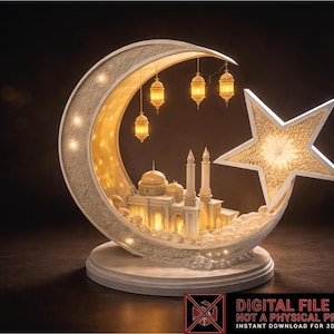 May include: A decorative Ramadan-themed sculpture featuring a crescent moon, a star, and a mosque. The moon and star are illuminated with warm light, and the mosque is detailed with minarets and domes. The base is round and white.