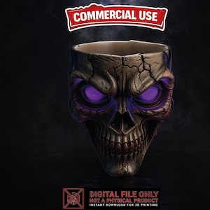 May include: A detailed, skull-shaped container with glowing purple eyes. The container has a cracked, weathered appearance, and the words "COMMERCIAL USE" are displayed above it. The bottom of the image reads "DIGITAL FILE ONLY NOT A PHYSICAL PRODUCT INSTANT DOWNLOAD FOR 3D PRINTING."